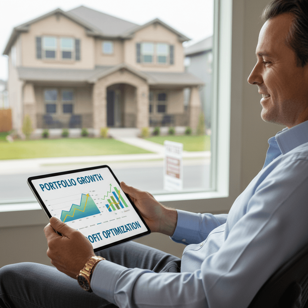 A property owner reviewing positive financial charts on a tablet with their rental property visible in the background.