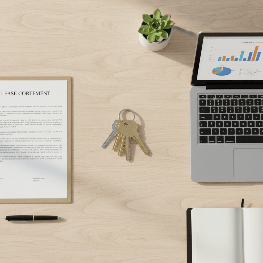 An organized desk with keys, a lease, and a laptop, representing the essential first steps in property management.