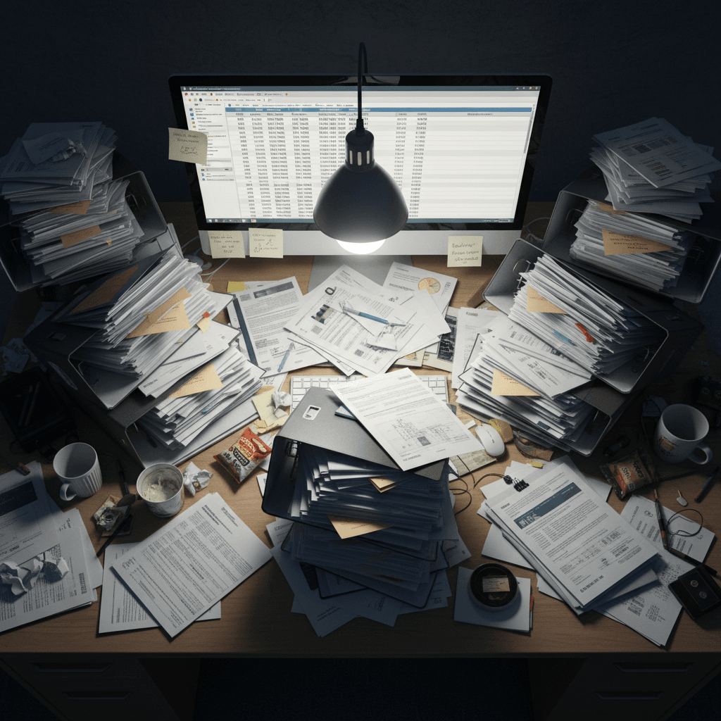 A cluttered desk covered in spreadsheets and paperwork, representing the chaos of manual property management.