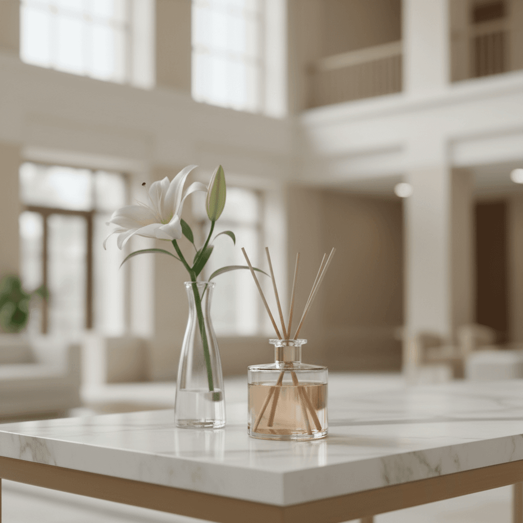 A close-up of a reed diffuser and a fresh flower in a sparkling clean lobby, symbolizing the unspoken signal of cleanliness and the sense of smell.