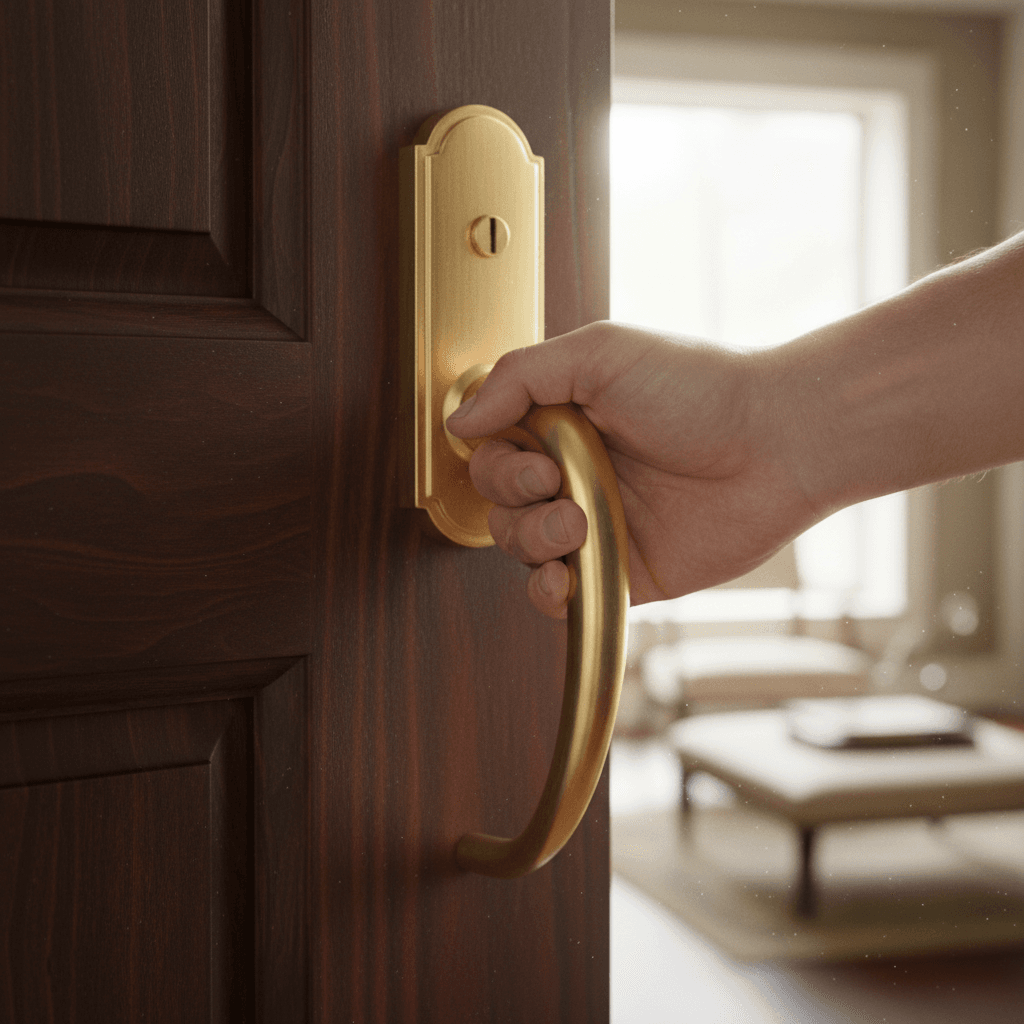 A close-up of a hand touching a high-quality, textured brass door handle, representing the tangible feeling of quality in property management.