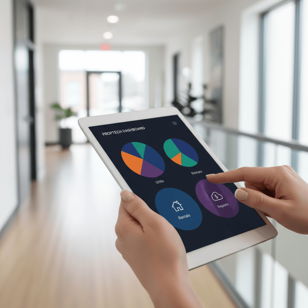 A property manager using a tablet with management software in a modern apartment building.
