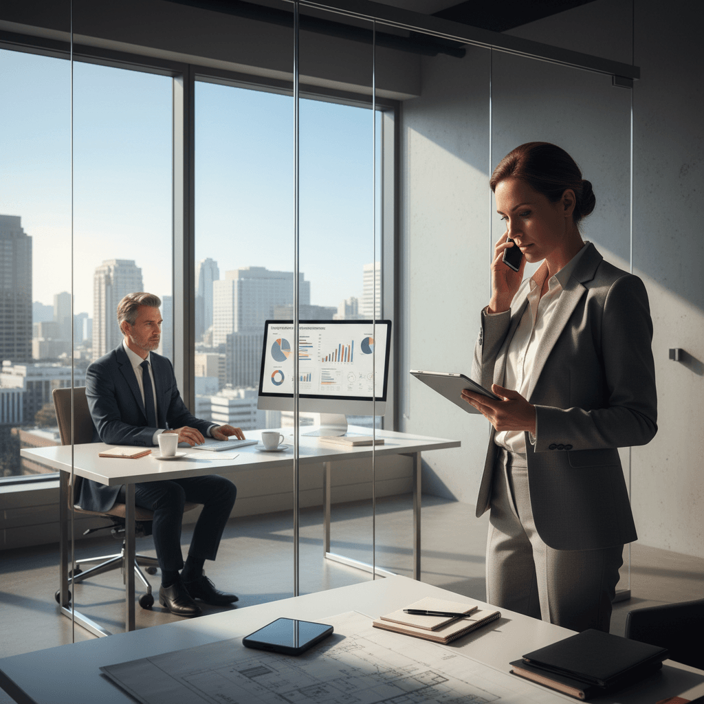 A split-focus image showing a property manager handling operations and an asset manager analyzing financial data, illustrating the difference between the two roles.
