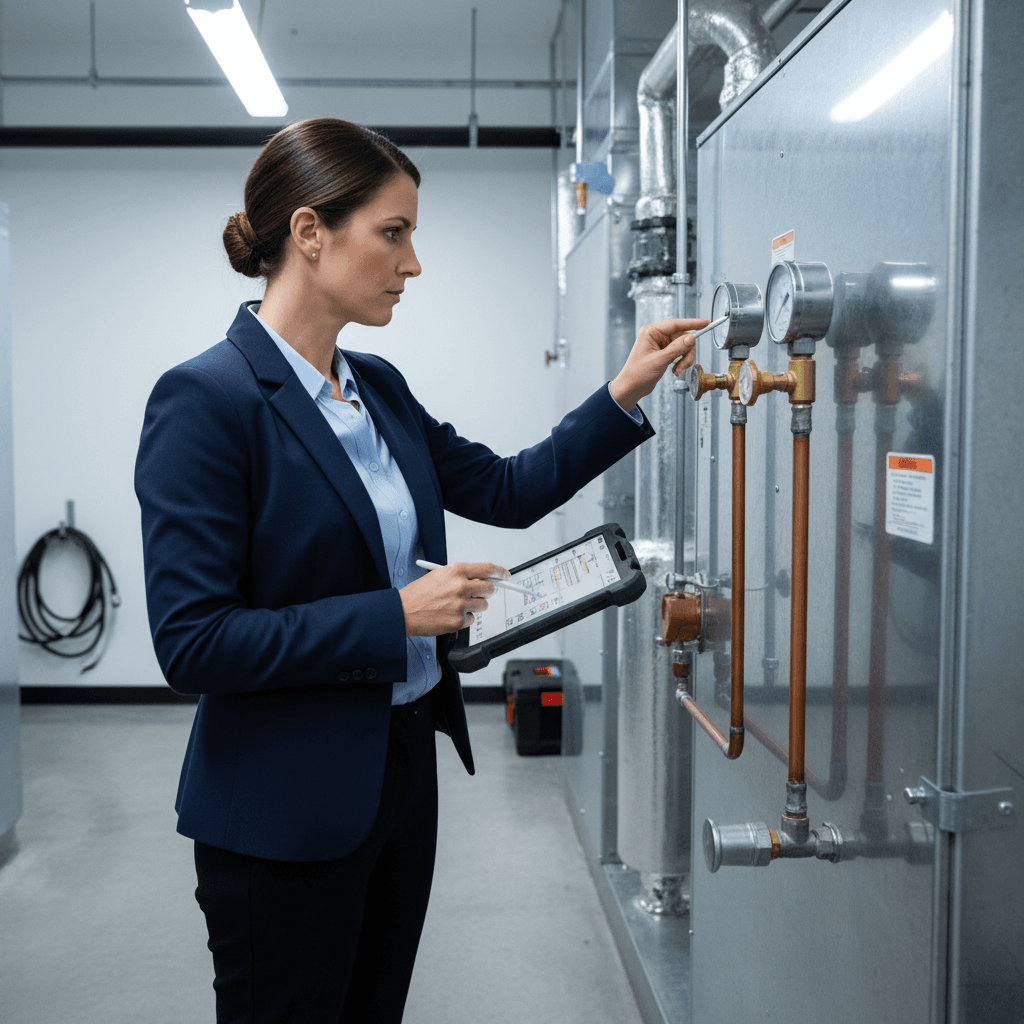 A Day in the Life of a Property Manager A female property manager in a utility room inspecting an HVAC unit with a tablet, showcasing the detailed work they do.