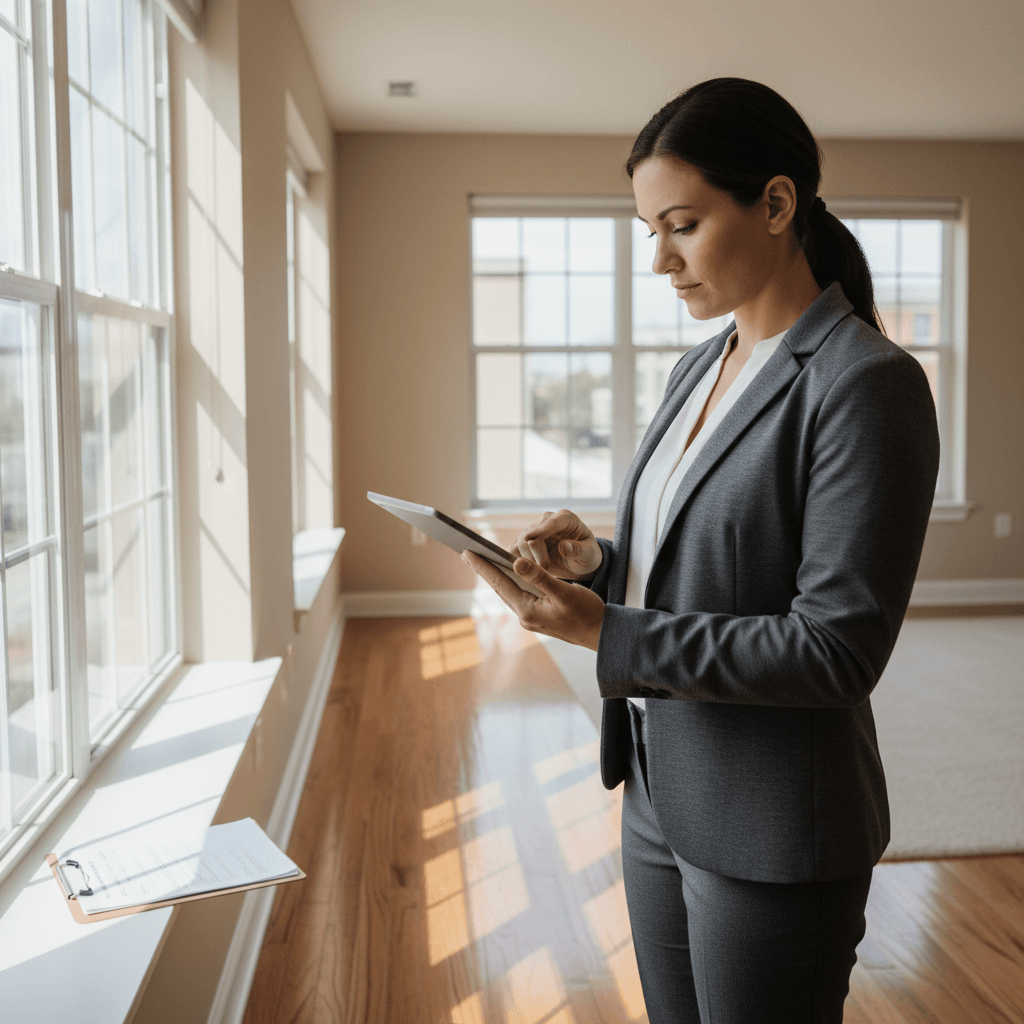 A property manager uses a tablet to conduct a detailed inspection of a clean, vacant rental unit.