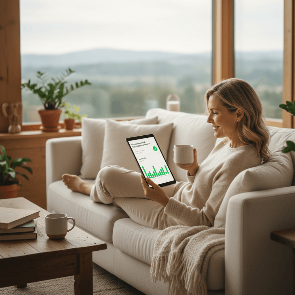 A relaxed property owner checks a positive rental income report on a tablet in their living room.