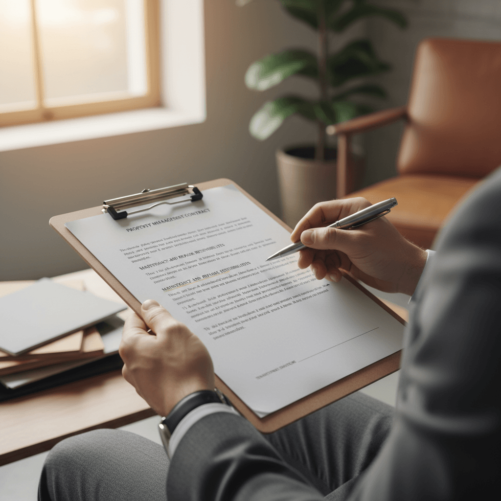 Asking Key Questions Before Signing a Property Management Contract A close-up of a person carefully reviewing a property management contract with a pen, ready to ask a question before signing.