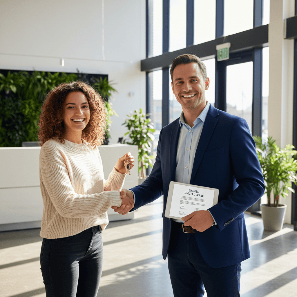 A property manager and a tenant shake hands in a modern lobby, signifying a successful deal completed with property management software.