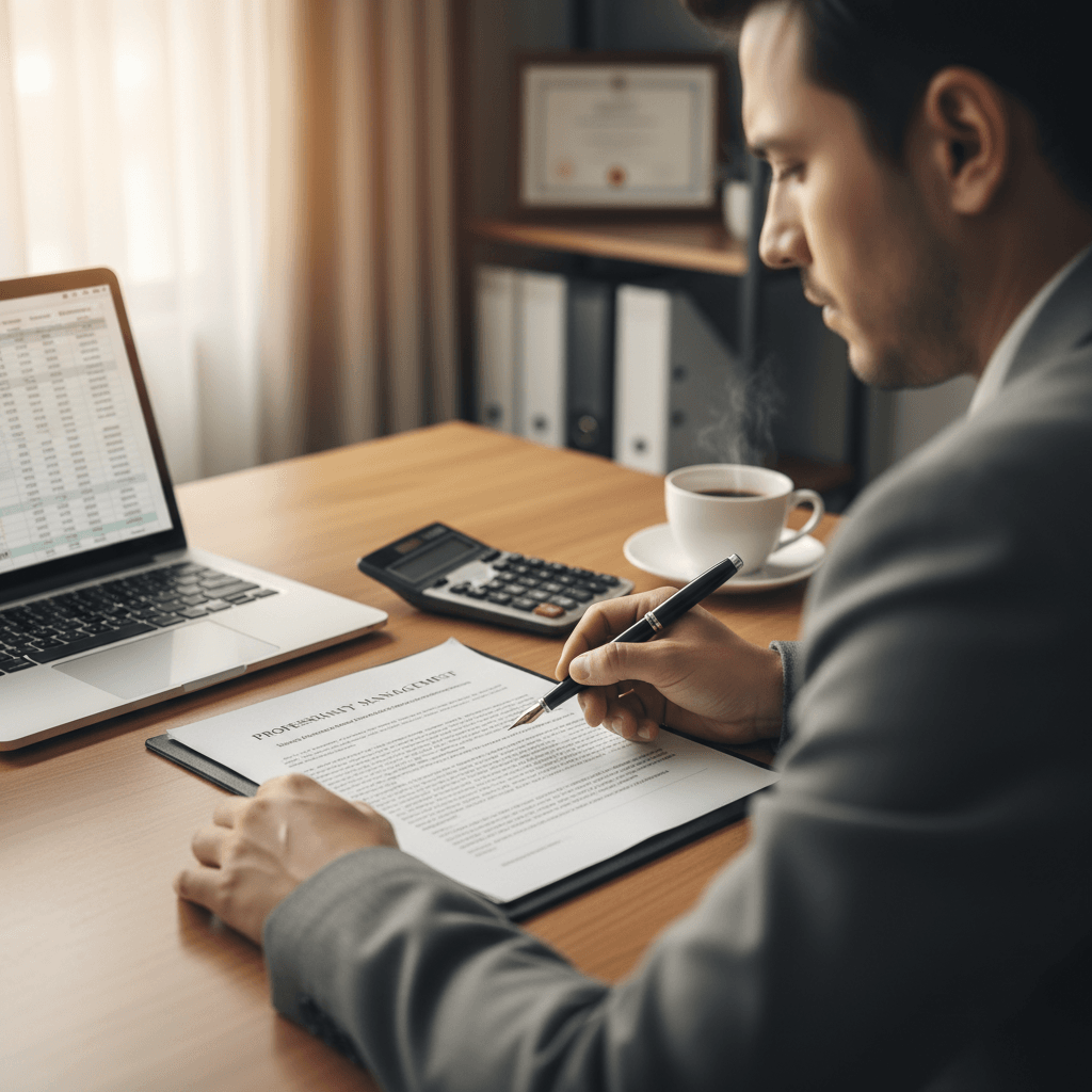 A property owner carefully reviews a property management contract at their desk before signing.